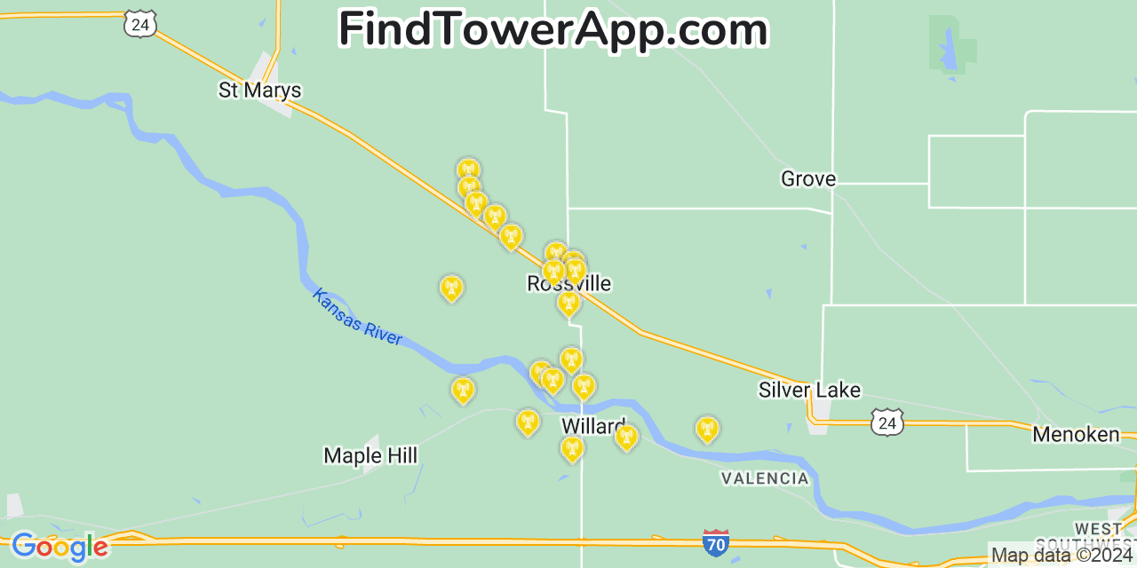 AT&T 4G/5G cell tower coverage map Rossville, Kansas