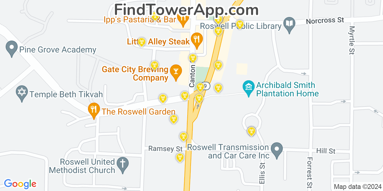 AT&T 4G/5G cell tower coverage map Roswell, Georgia