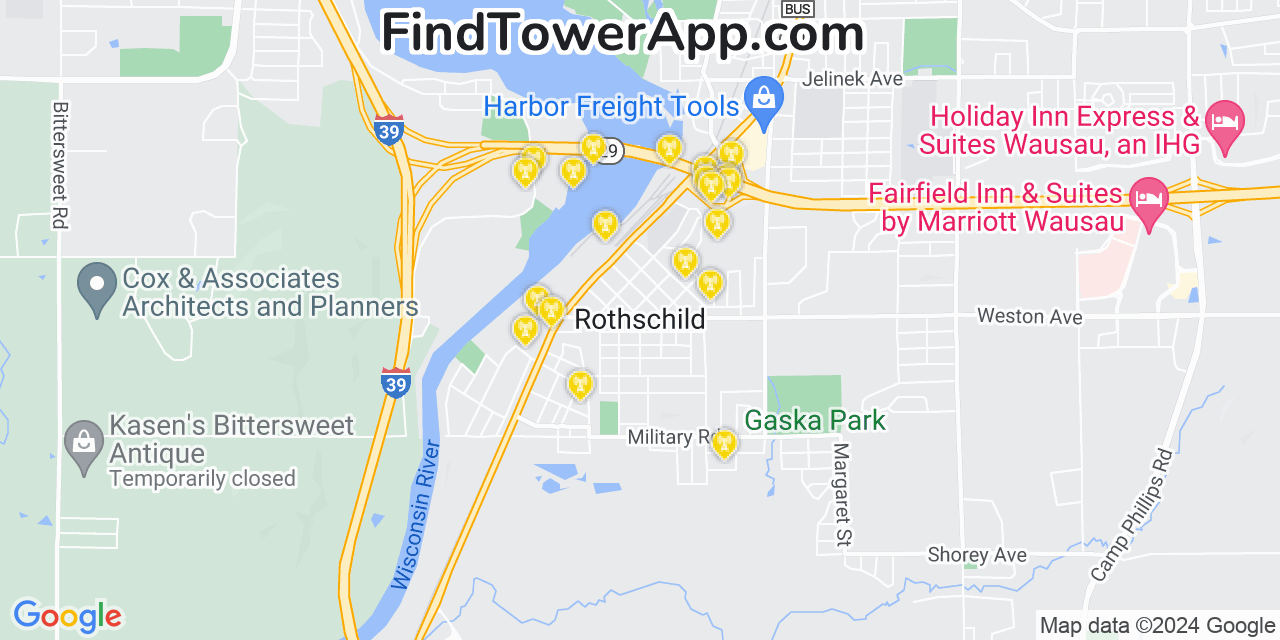 AT&T 4G/5G cell tower coverage map Rothschild, Wisconsin