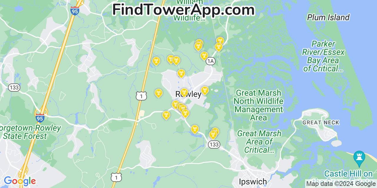 AT&T 4G/5G cell tower coverage map Rowley, Massachusetts