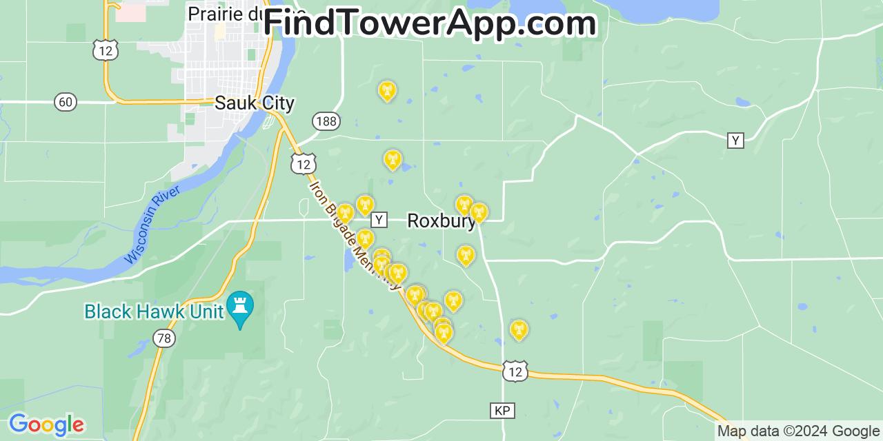 AT&T 4G/5G cell tower coverage map Roxbury, Wisconsin