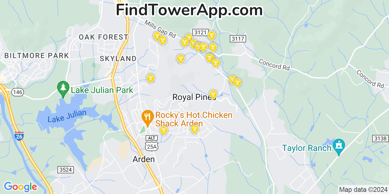 AT&T 4G/5G cell tower coverage map Royal Pines, North Carolina