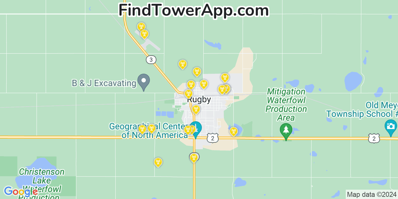 AT&T 4G/5G cell tower coverage map Rugby, North Dakota