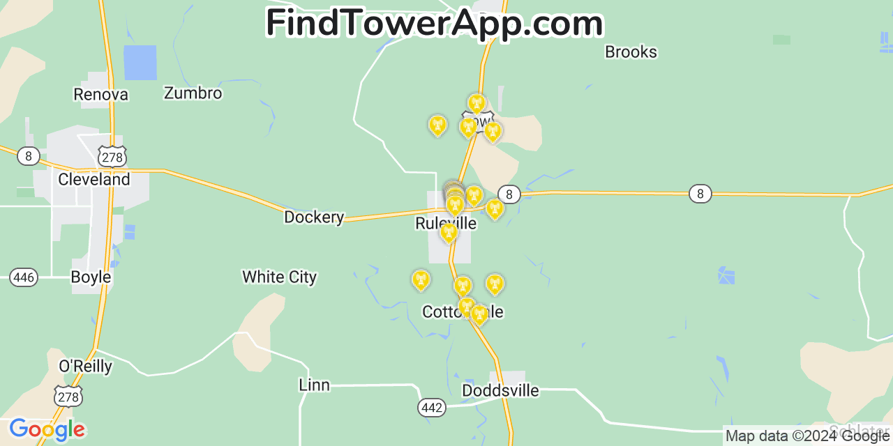 AT&T 4G/5G cell tower coverage map Ruleville, Mississippi