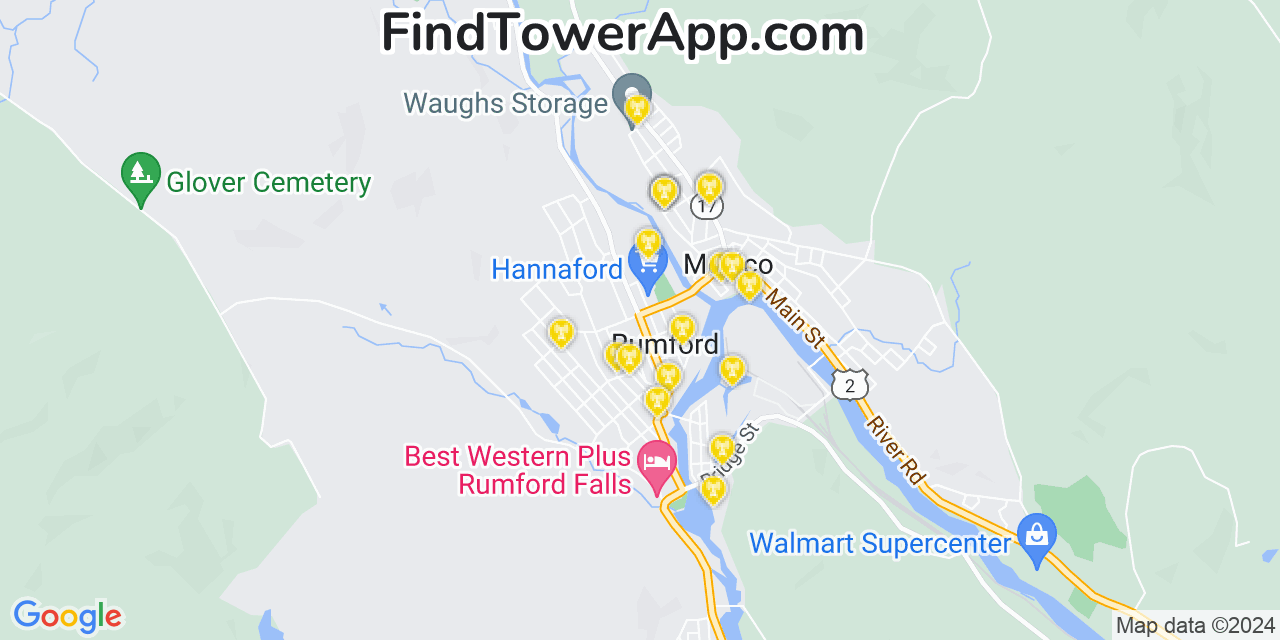 AT&T 4G/5G cell tower coverage map Rumford, Maine