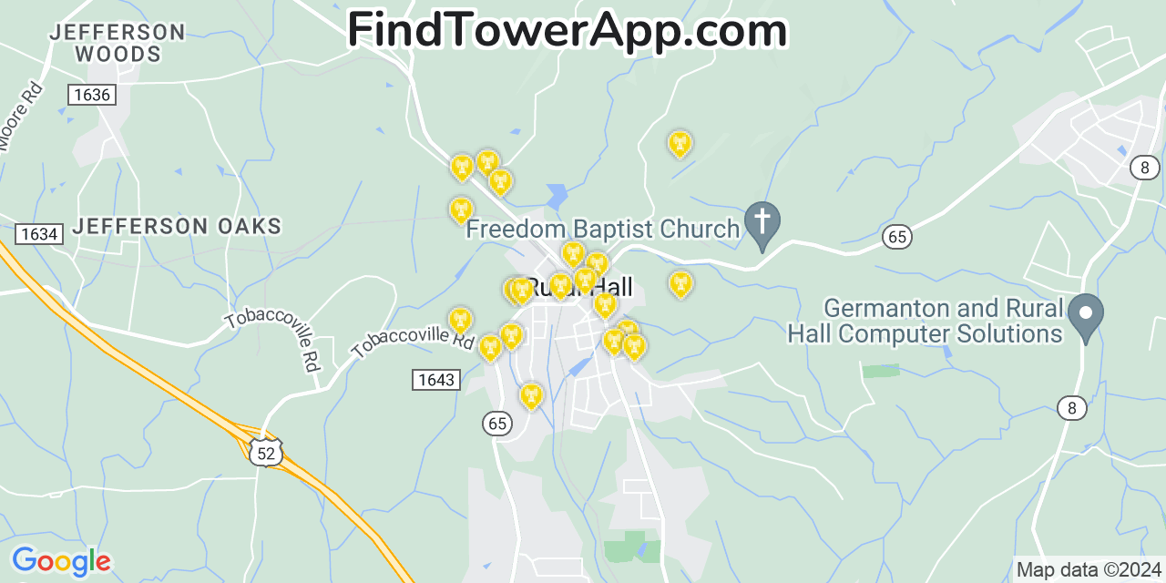 AT&T 4G/5G cell tower coverage map Rural Hall, North Carolina