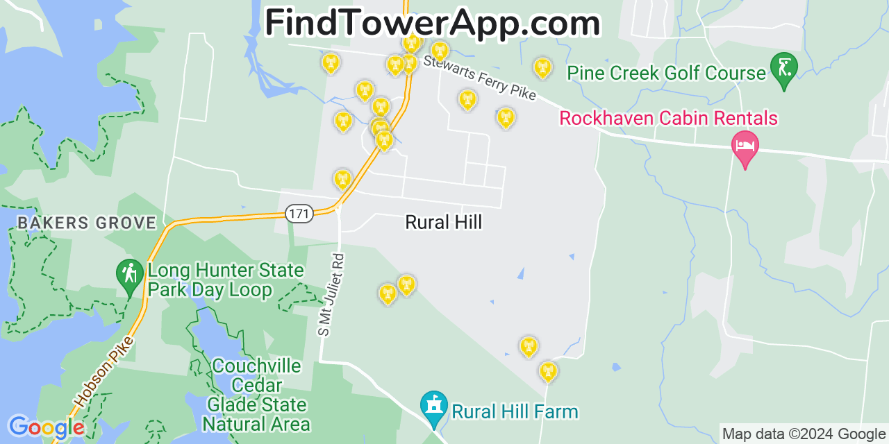 AT&T 4G/5G cell tower coverage map Rural Hill, Tennessee