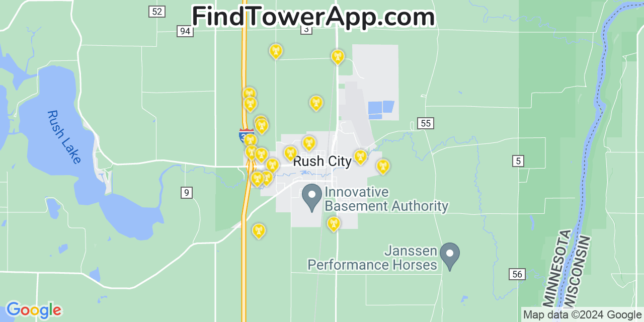 AT&T 4G/5G cell tower coverage map Rush City, Minnesota