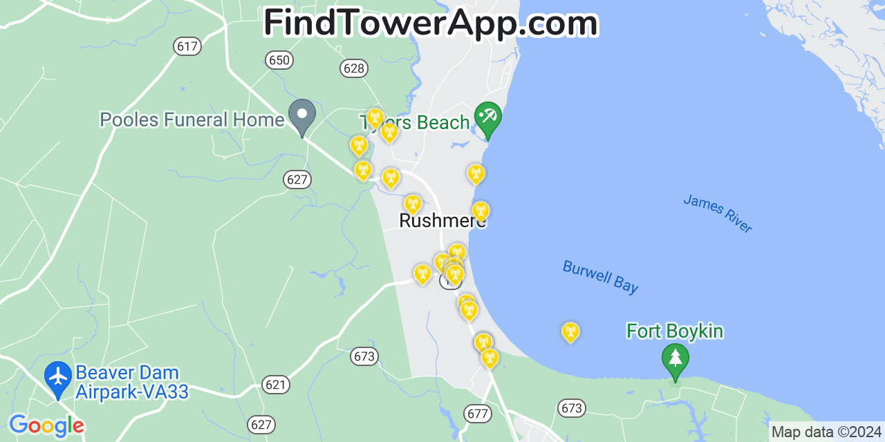 AT&T 4G/5G cell tower coverage map Rushmere, Virginia