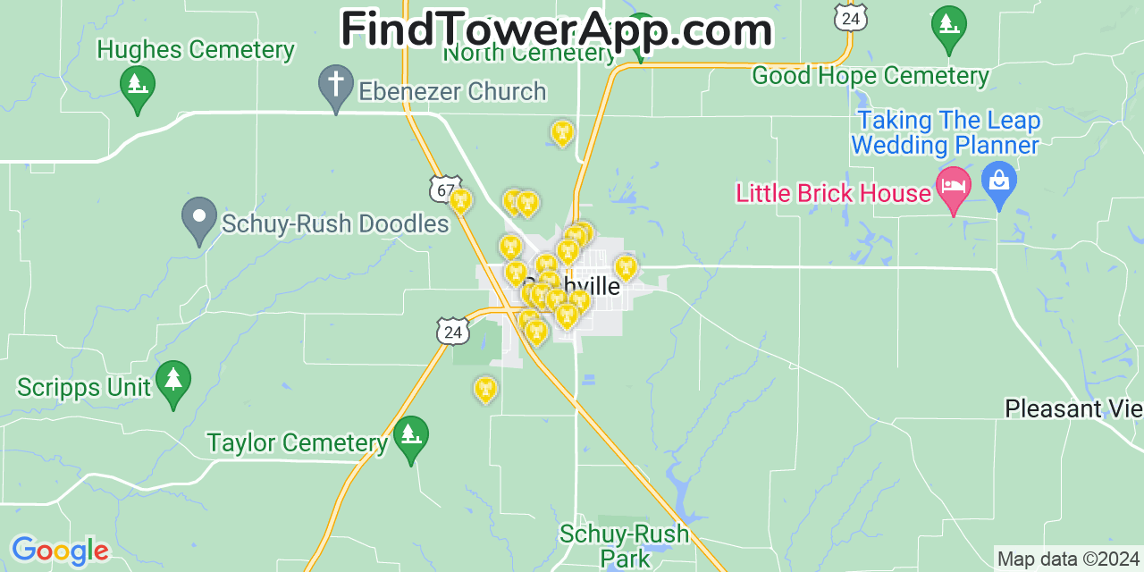 AT&T 4G/5G cell tower coverage map Rushville, Illinois