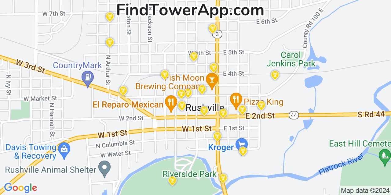 AT&T 4G/5G cell tower coverage map Rushville, Indiana