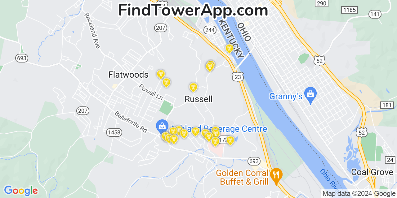 AT&T 4G/5G cell tower coverage map Russell, Kentucky