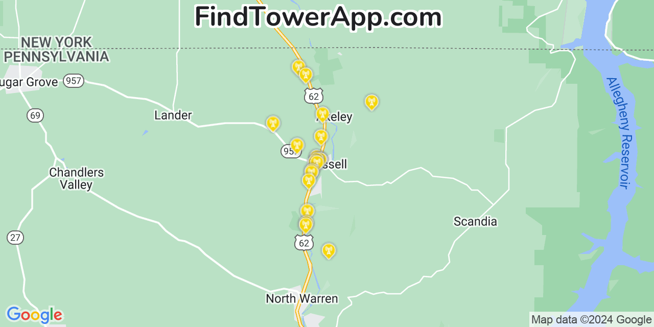 AT&T 4G/5G cell tower coverage map Russell, Pennsylvania