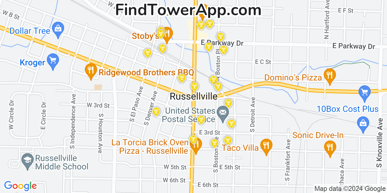 AT&T 4G/5G cell tower coverage map Russellville, Arkansas