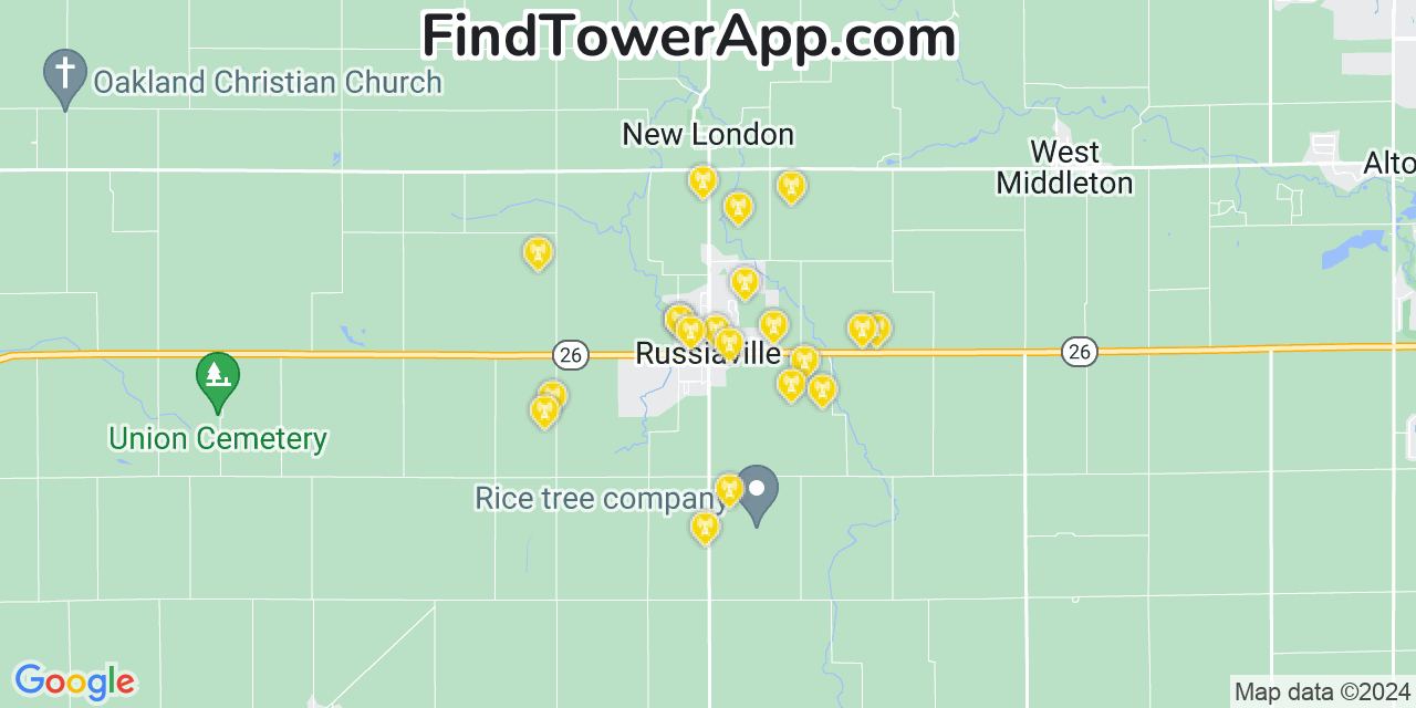 AT&T 4G/5G cell tower coverage map Russiaville, Indiana