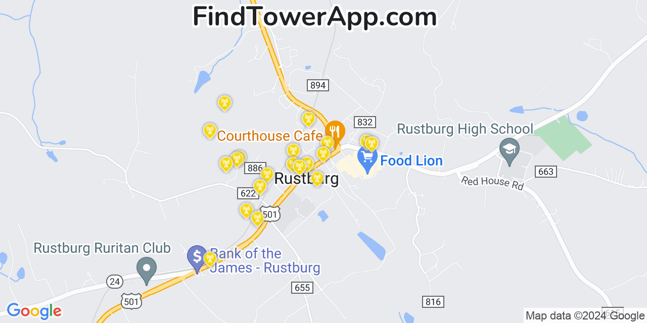 AT&T 4G/5G cell tower coverage map Rustburg, Virginia