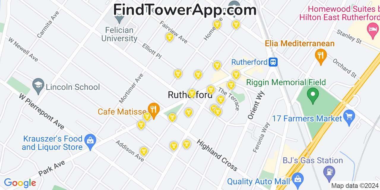 AT&T 4G/5G cell tower coverage map Rutherford, New Jersey
