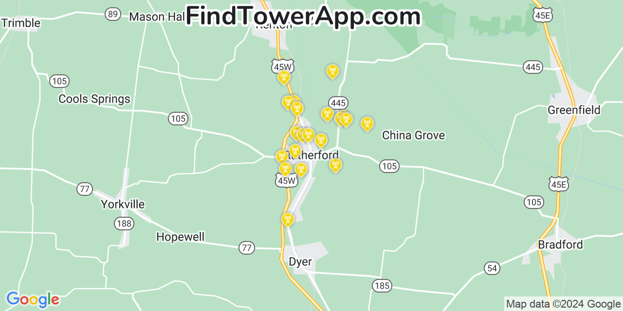 AT&T 4G/5G cell tower coverage map Rutherford, Tennessee