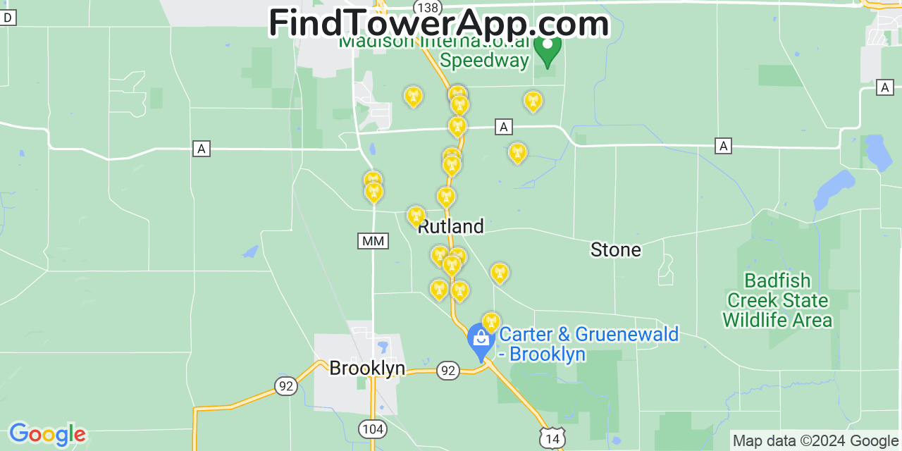 AT&T 4G/5G cell tower coverage map Rutland, Wisconsin