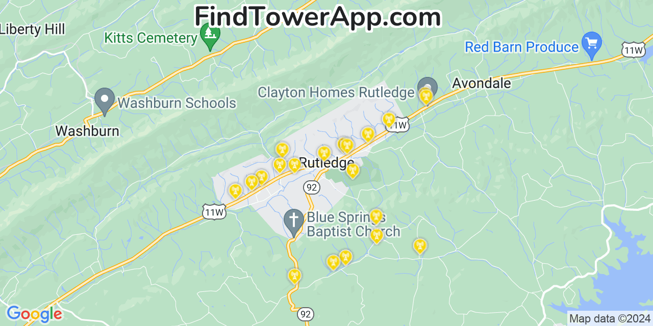 AT&T 4G/5G cell tower coverage map Rutledge, Tennessee