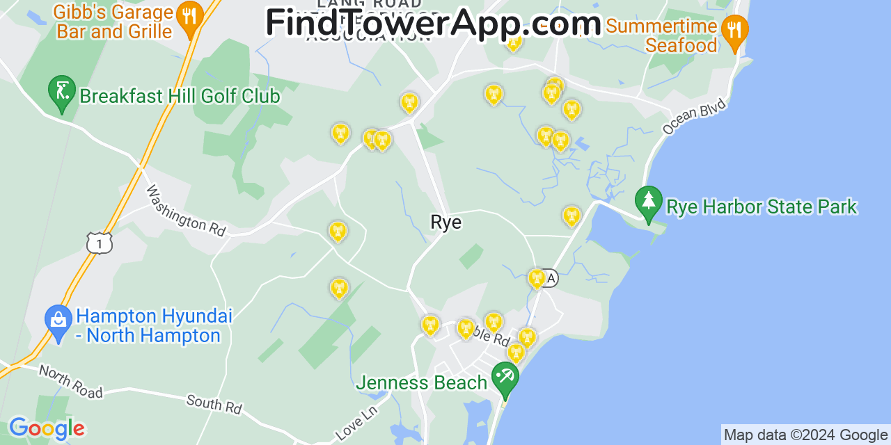 AT&T 4G/5G cell tower coverage map Rye, New Hampshire
