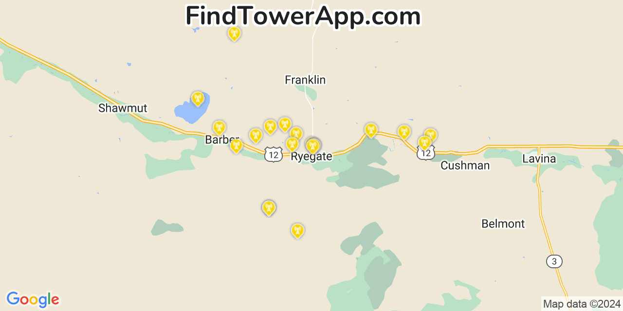 AT&T 4G/5G cell tower coverage map Ryegate, Montana