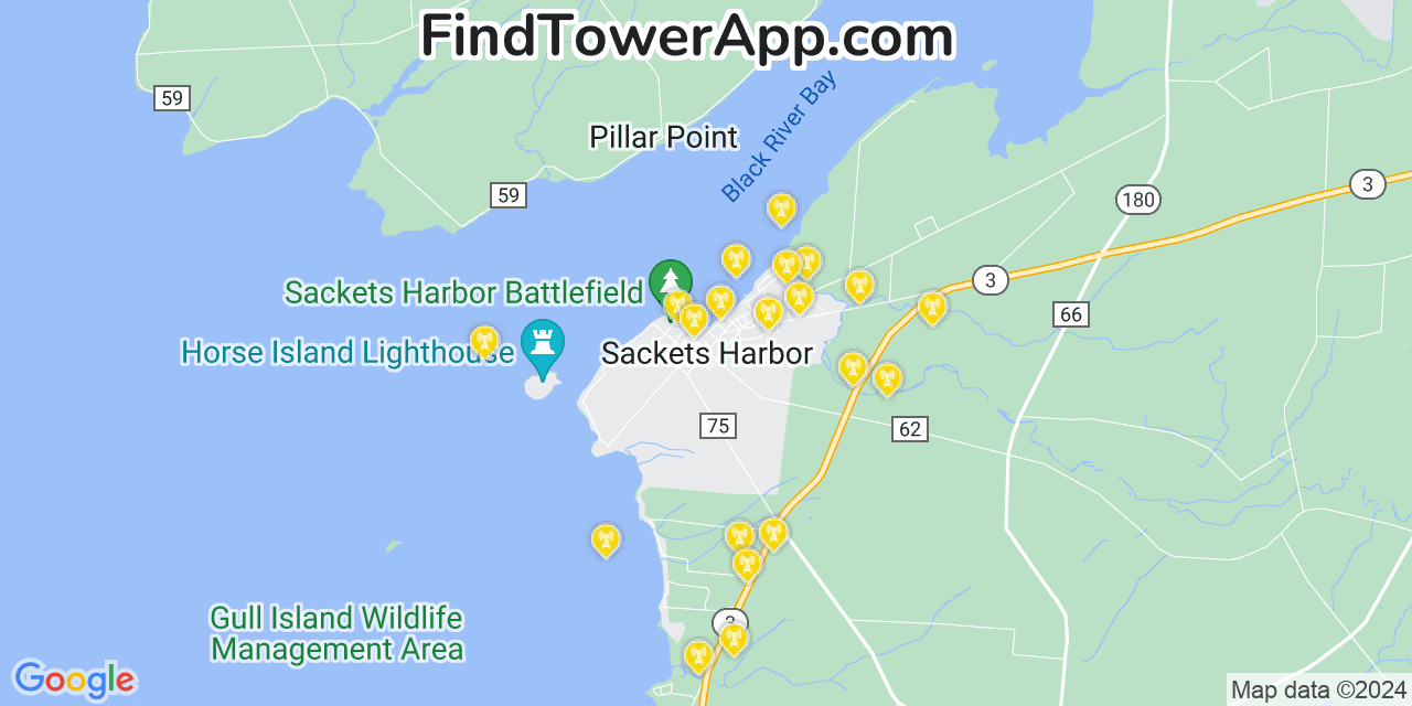 AT&T 4G/5G cell tower coverage map Sackets Harbor, New York