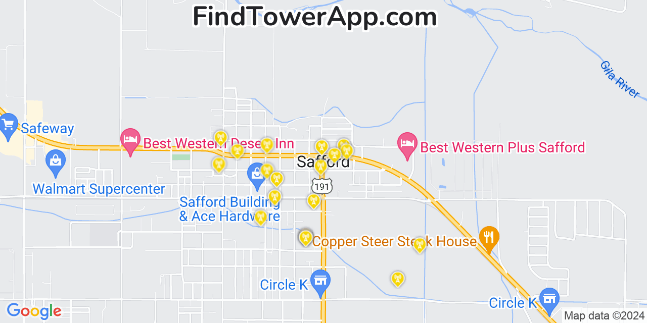 Verizon 4G/5G cell tower coverage map Safford, Arizona
