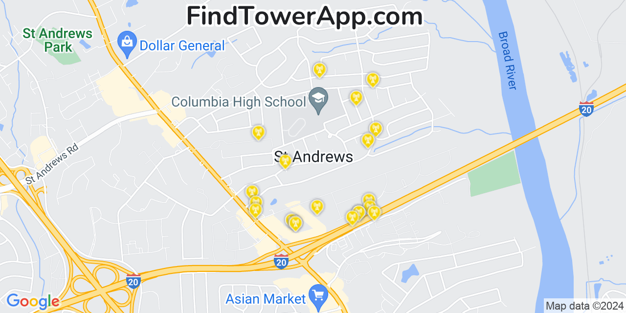 Verizon 4G/5G cell tower coverage map Saint Andrews, South Carolina