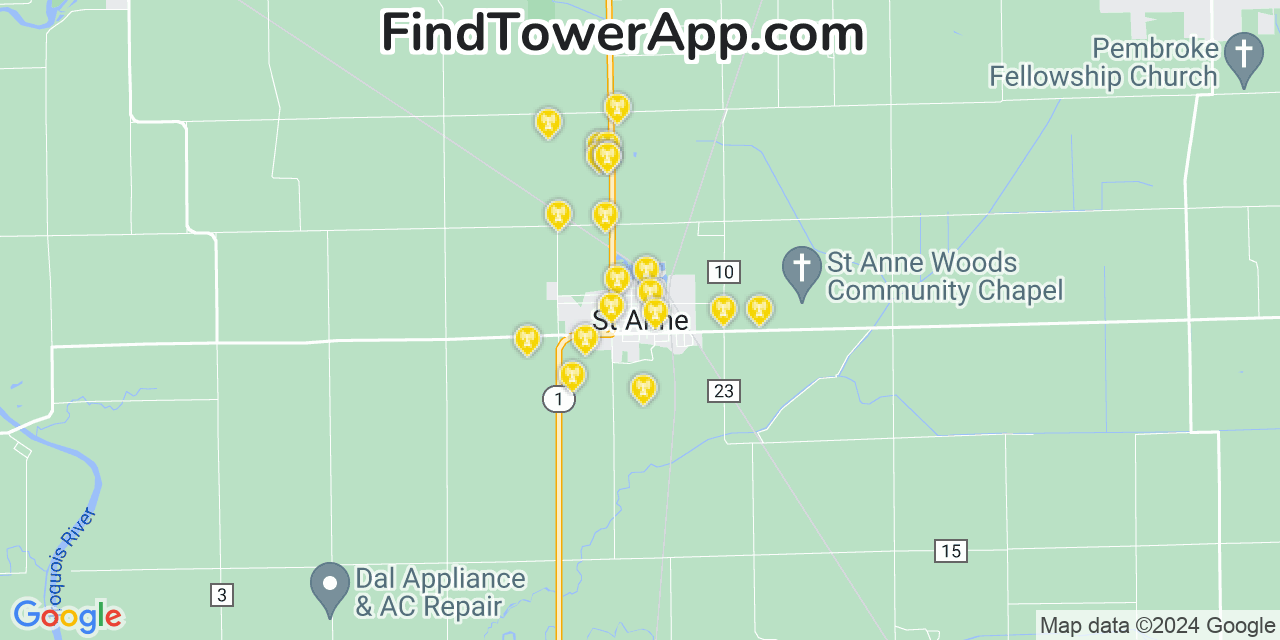 Verizon 4G/5G cell tower coverage map Saint Anne, Illinois