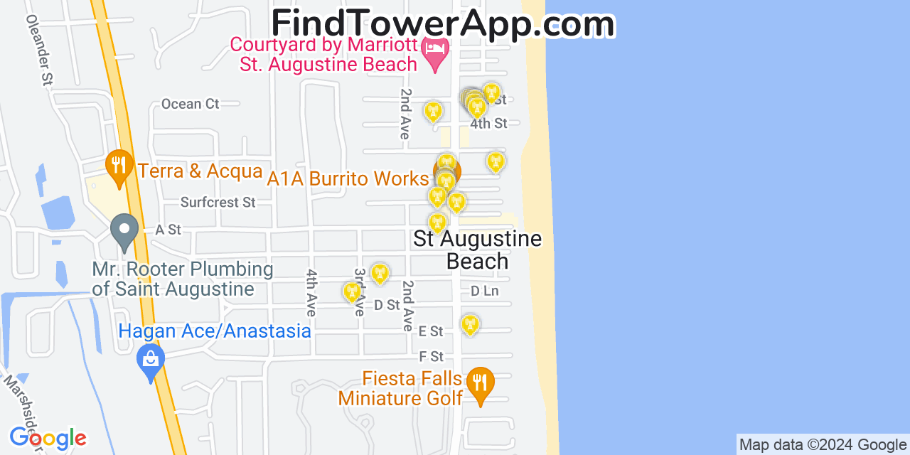 AT&T 4G/5G cell tower coverage map Saint Augustine Beach, Florida