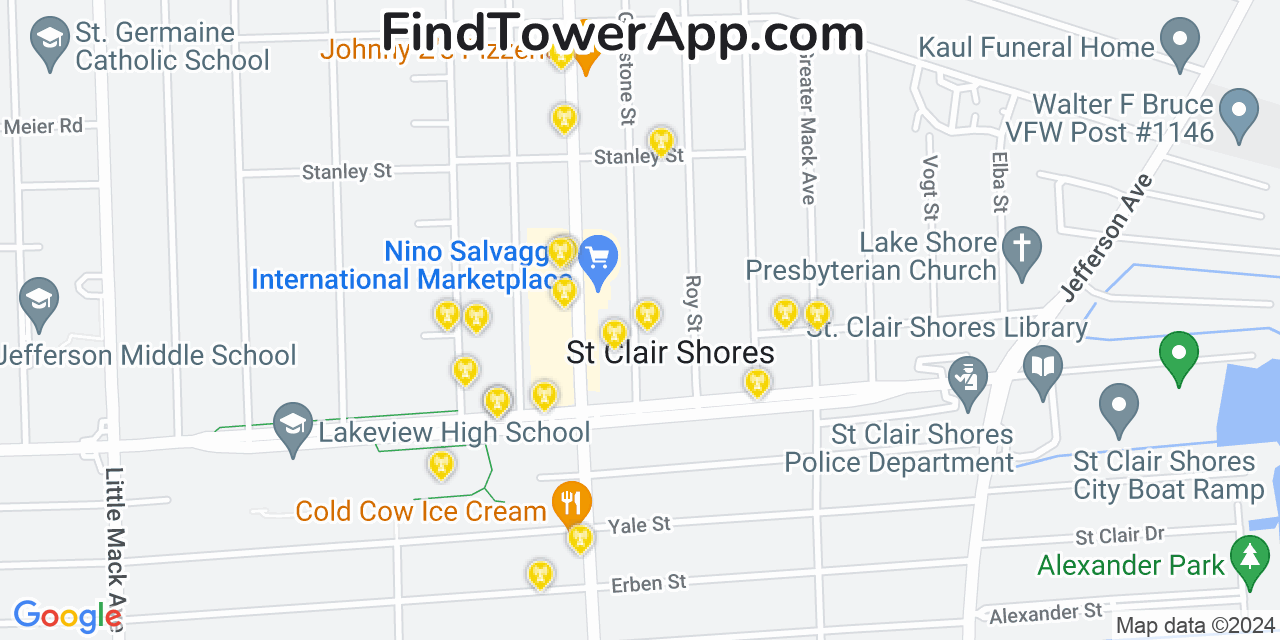 AT&T 4G/5G cell tower coverage map Saint Clair Shores, Michigan