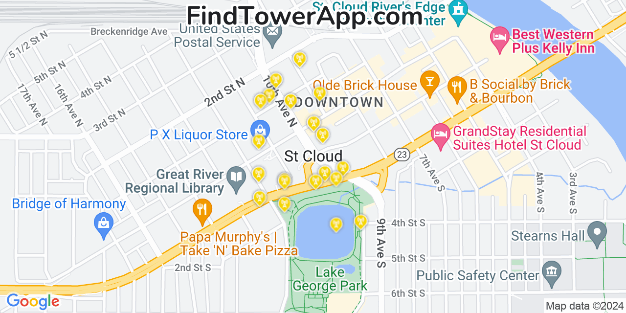 AT&T 4G/5G cell tower coverage map Saint Cloud, Minnesota