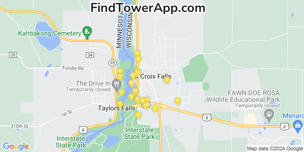 AT&T 4G/5G cell tower coverage map Saint Croix Falls, Wisconsin