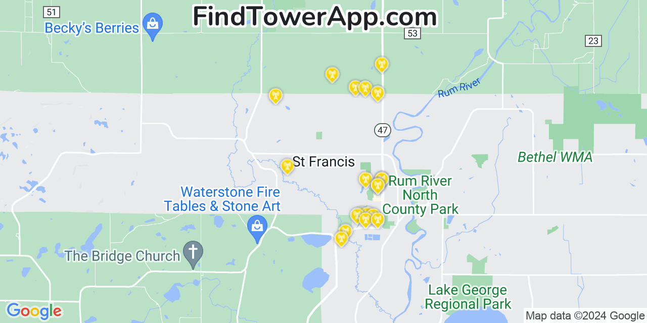 AT&T 4G/5G cell tower coverage map Saint Francis, Minnesota