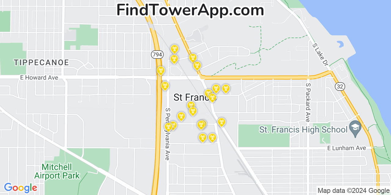 AT&T 4G/5G cell tower coverage map Saint Francis, Wisconsin