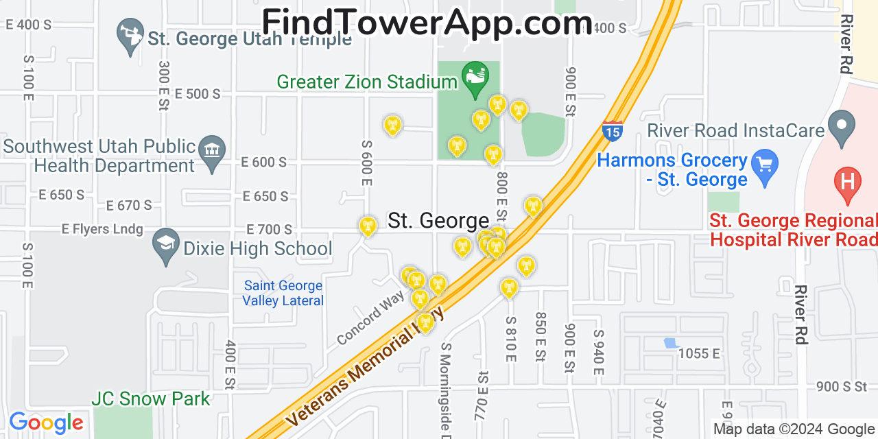 AT&T 4G/5G cell tower coverage map Saint George, Utah