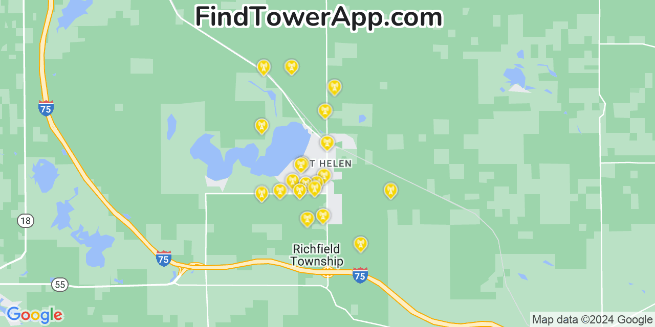 AT&T 4G/5G cell tower coverage map Saint Helen, Michigan