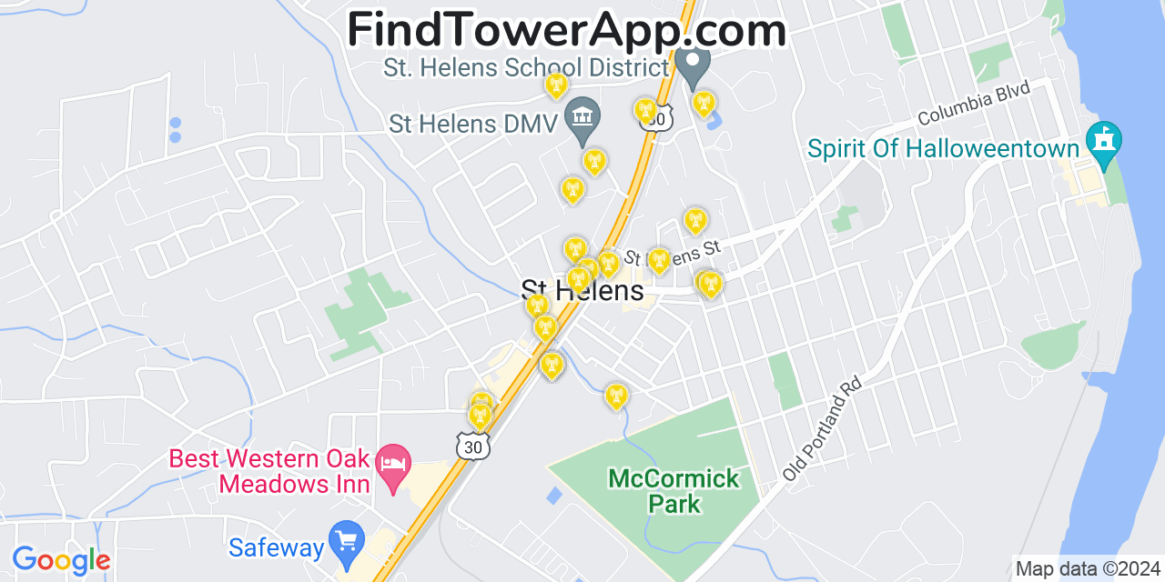 AT&T 4G/5G cell tower coverage map Saint Helens, Oregon