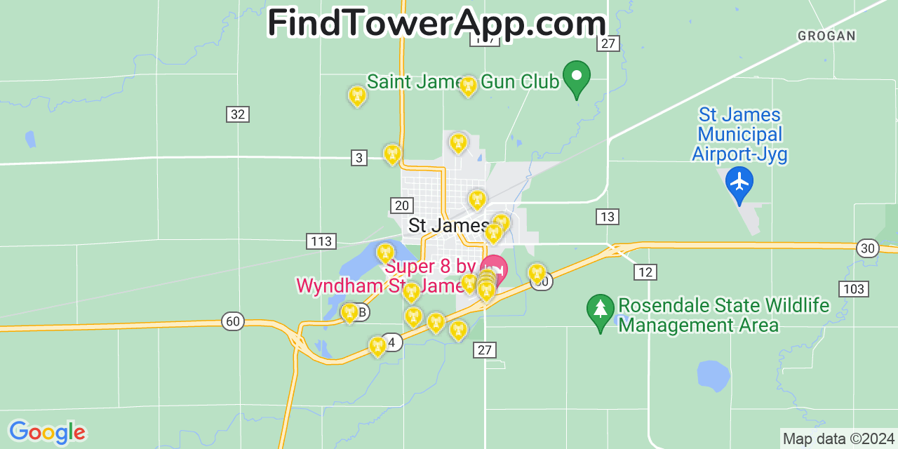 Verizon 4G/5G cell tower coverage map Saint James, Minnesota