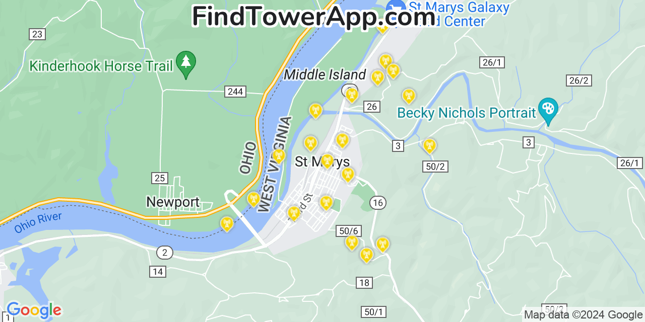 AT&T 4G/5G cell tower coverage map Saint Marys, West Virginia