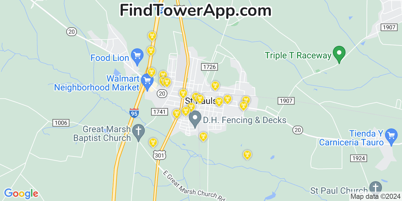 AT&T 4G/5G cell tower coverage map Saint Pauls, North Carolina