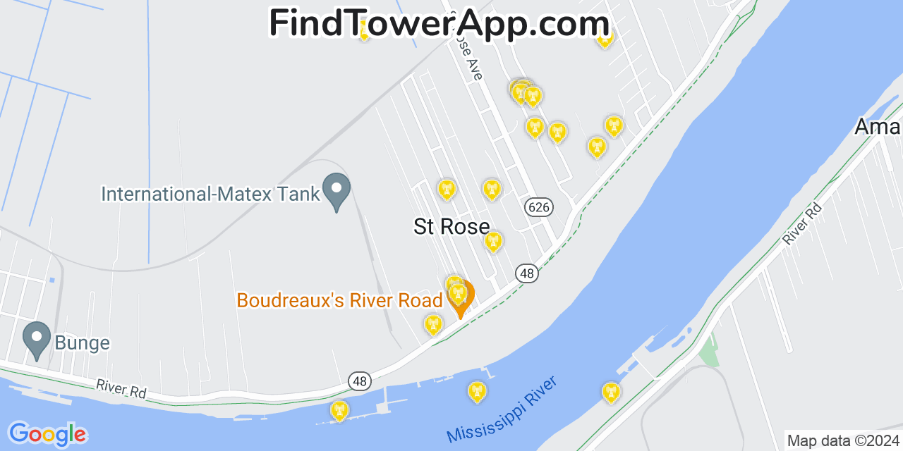 AT&T 4G/5G cell tower coverage map Saint Rose, Louisiana
