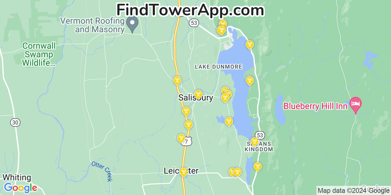 AT&T 4G/5G cell tower coverage map Salisbury, Vermont