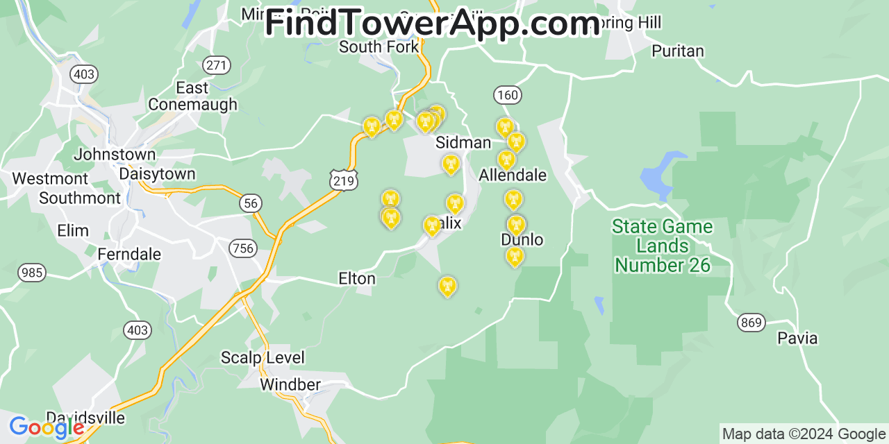 AT&T 4G/5G cell tower coverage map Salix, Pennsylvania