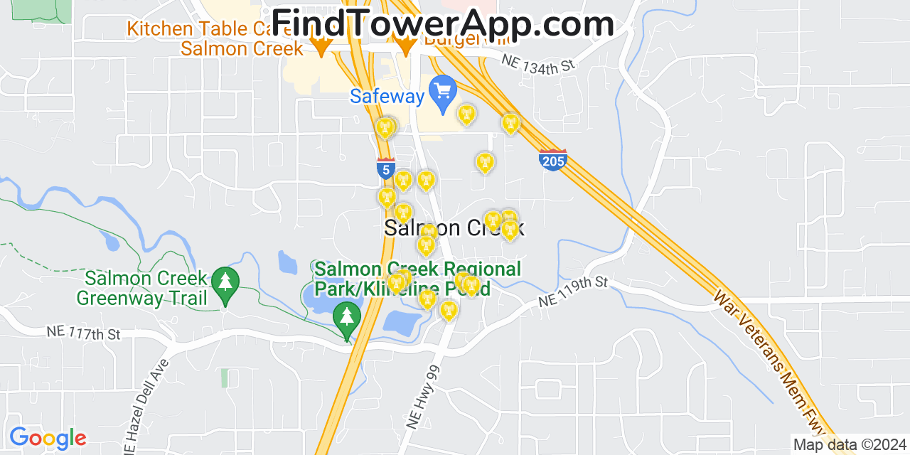 AT&T 4G/5G cell tower coverage map Salmon Creek, Washington