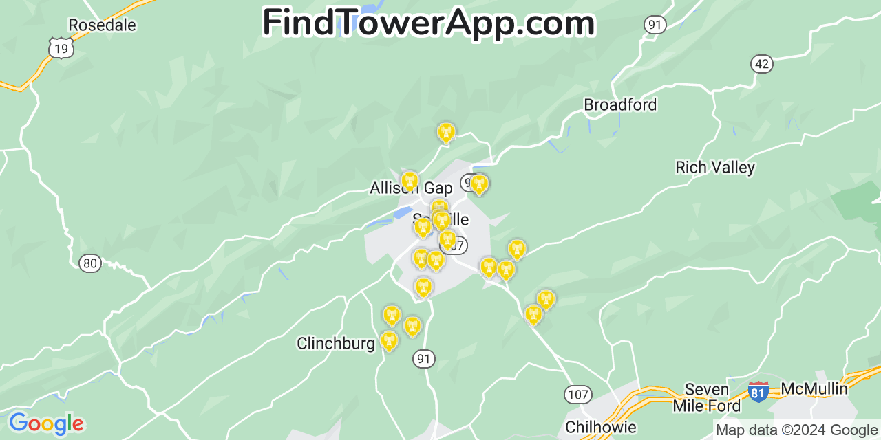 AT&T 4G/5G cell tower coverage map Saltville, Virginia