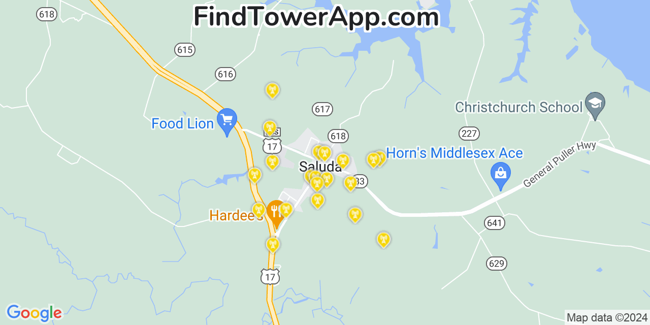 AT&T 4G/5G cell tower coverage map Saluda, Virginia