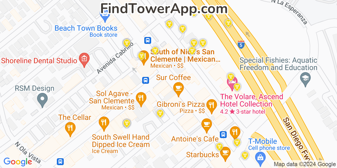 AT&T 4G/5G cell tower coverage map San Clemente, California