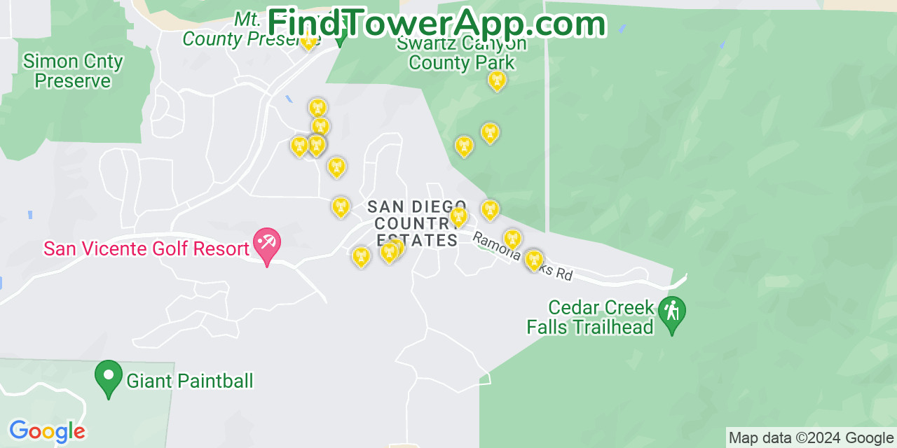 AT&T 4G/5G cell tower coverage map San Diego Country Estates, California
